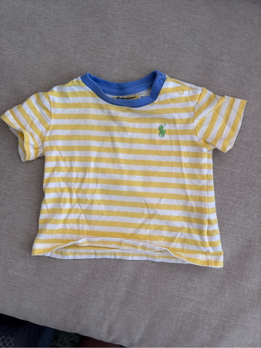Ralph Lauren Yellow & White Striped Tee with Blue Neck Trim